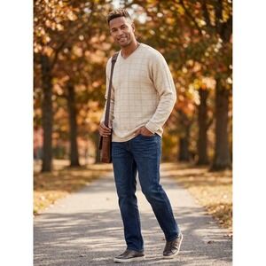 Cortina Mens XL Beige Merino Wool Blend V-Neck Windowpane Grid Knit Sweater Xl